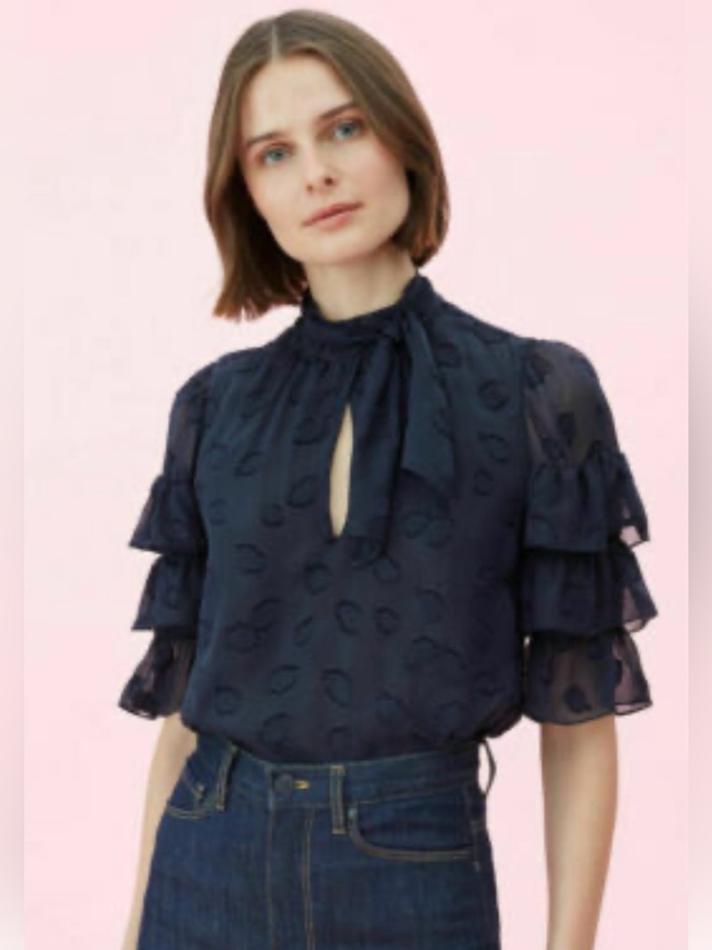 Rebecca Taylor Silk Blouse Short Sleeves Ruffle Pussycat Bow Navy Blue Business